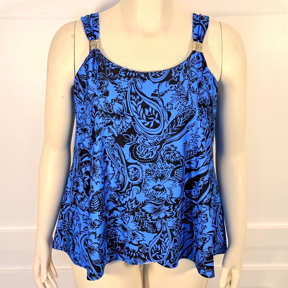 Women's XL Tankini Top Navy Blue Paisley with built in Shelf Bra Tulip Front Hem